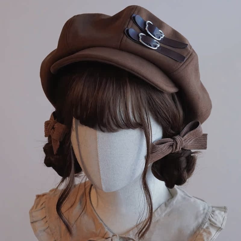 Autumn and Winter Classic Retro Cloud Hat Beret Brown Coffee Leather Buckle Japanese