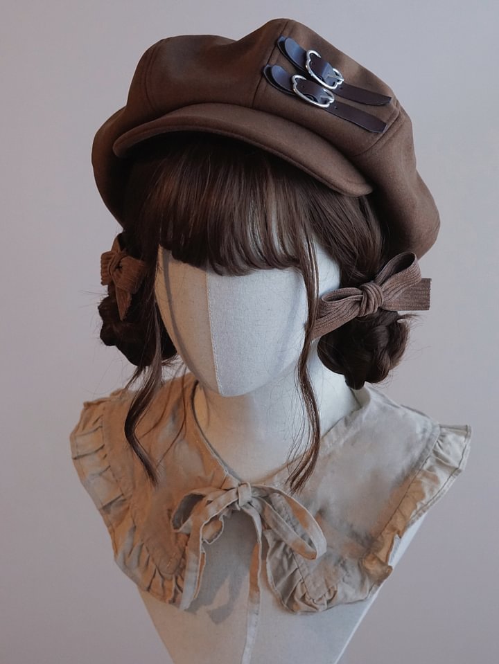 Autumn and Winter Classic Retro Cloud Hat Beret Brown Coffee Leather Buckle Japanese