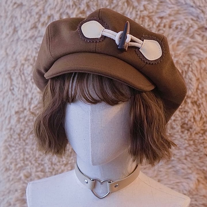 Autumn and Winter Classic Retro Cloud Hat Beret Brown Coffee Leather Buckle Japanese