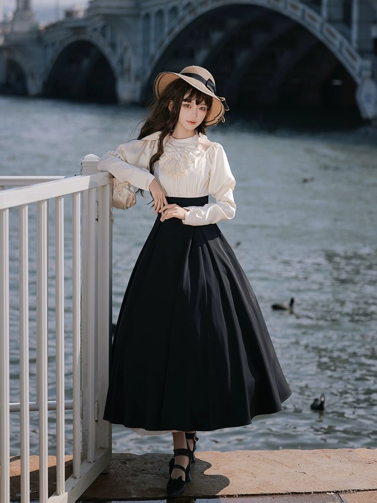 Black Classic Lolita OP Dress Faux Two-Piece Long Sleeve Elegant Dress Spring