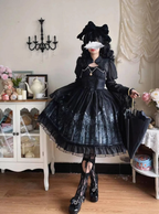 Black Dark Gothic Print Castle Jsk Dress Lace Ruffle Summer