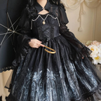 Black Dark Gothic Print Castle Jsk Dress Lace Ruffle Summer