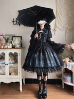 Black Dark Gothic Print Castle Jsk Dress Lace Ruffle Summer