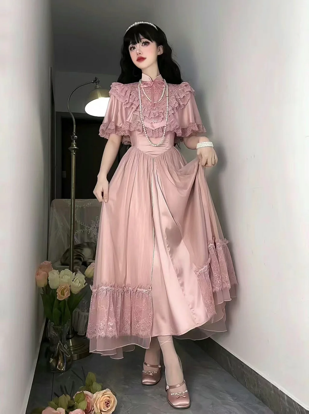 Hime Lolita Black Retro Princess Dress Court Style Short Sleeve Long Dress Op