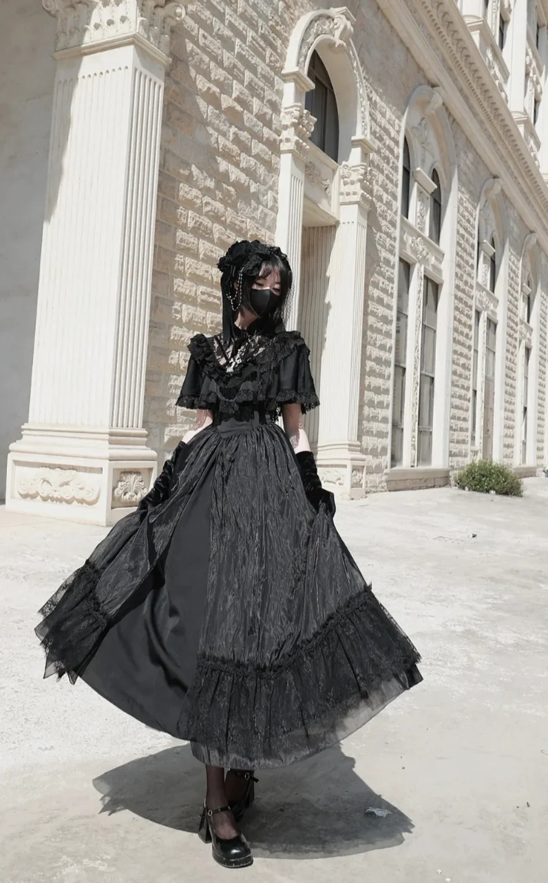 Hime Lolita Black Retro Princess Dress Court Style Short Sleeve Long Dress Op