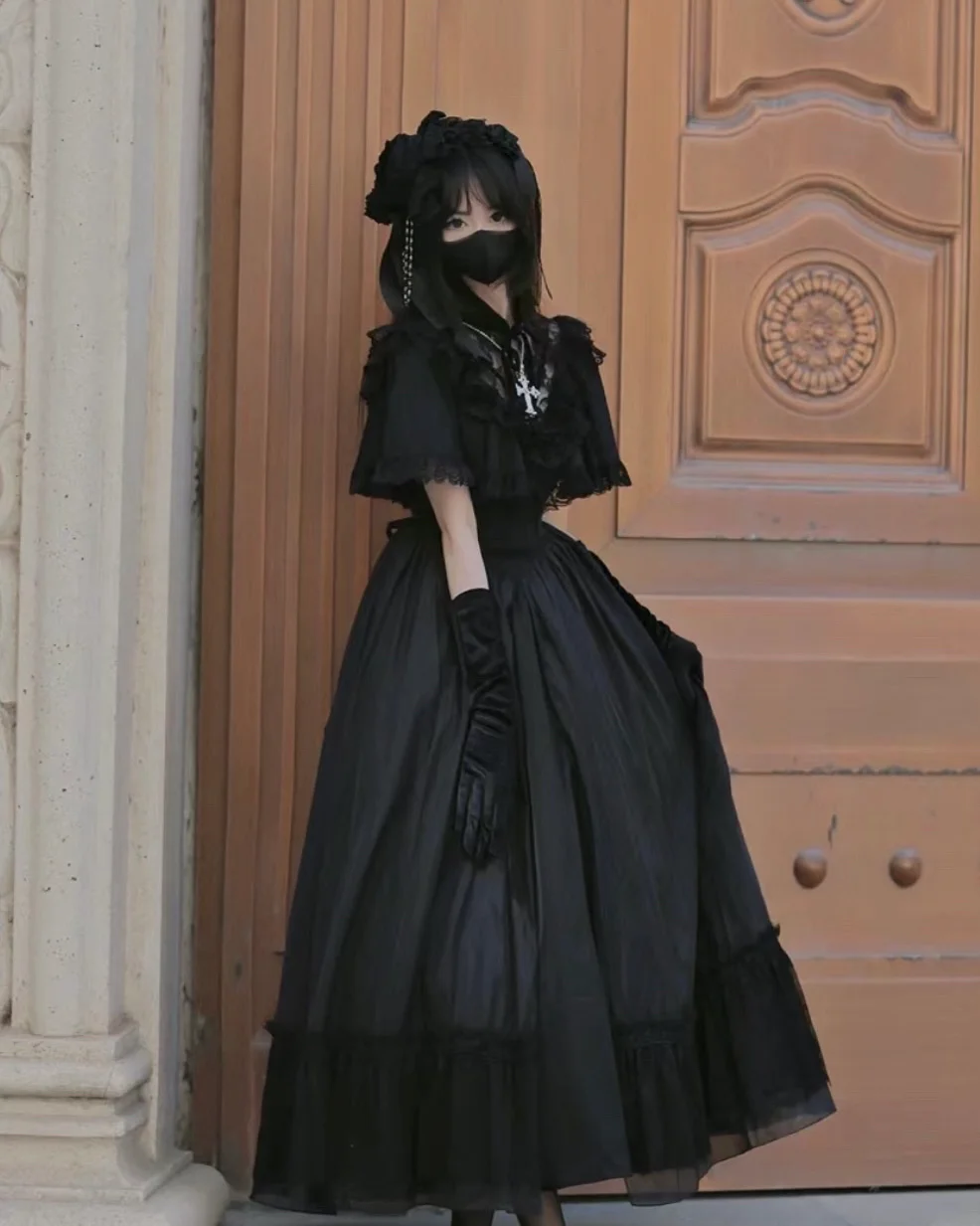 Hime Lolita Black Retro Princess Dress Court Style Short Sleeve Long Dress Op