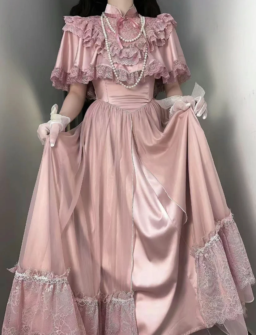 Hime Lolita Black Retro Princess Dress Court Style Short Sleeve Long Dress Op
