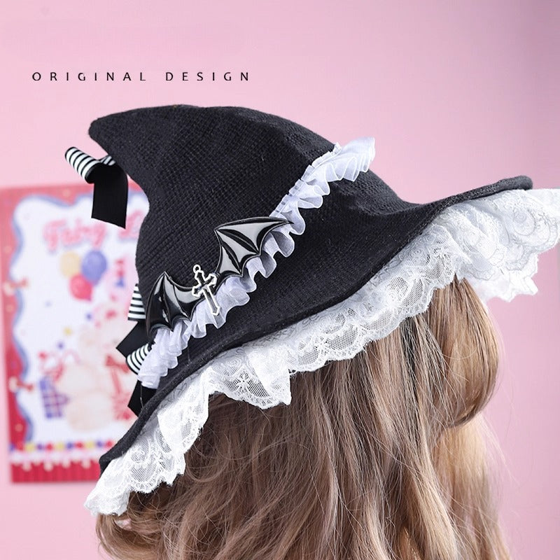 Black Gothic Lolita Witch Hat Handmade Halloween Bow Cosplay Accessory for Women
