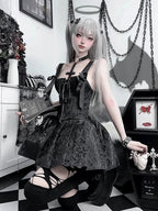 Black Jacquard Gothic Lolita Slip Dress Halloween Costume Y2K Hot Girl Short Prom Dress