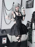 Black Jacquard Gothic Lolita Slip Dress Halloween Costume Y2K Hot Girl Short Prom Dress