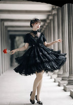 Black Lace Goth Short-sleeved Lolita Dress OP Gothic Romance Outfit Elegant