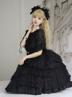 Hime Lolita Black Lace Light Floral Dress Lolita OP Short Sleeve Chiffon Top