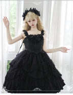 Hime Lolita Black Lace Light Floral Dress Lolita OP Short Sleeve Chiffon Top