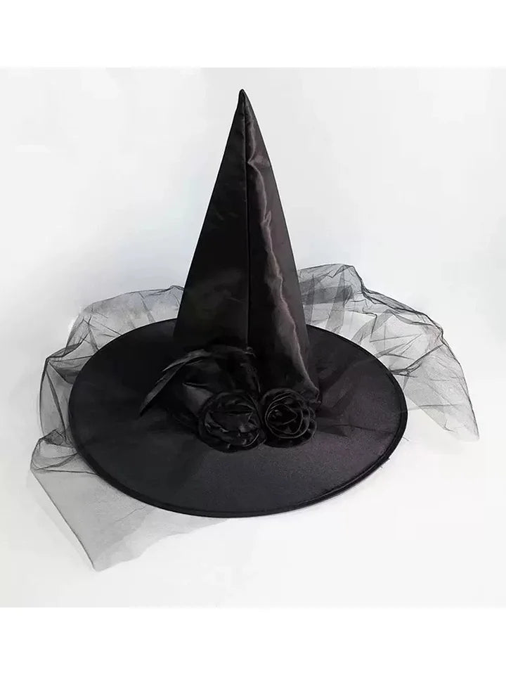 Black Mesh Rose Gothic Witch Pointed Hat Halloween Accessory