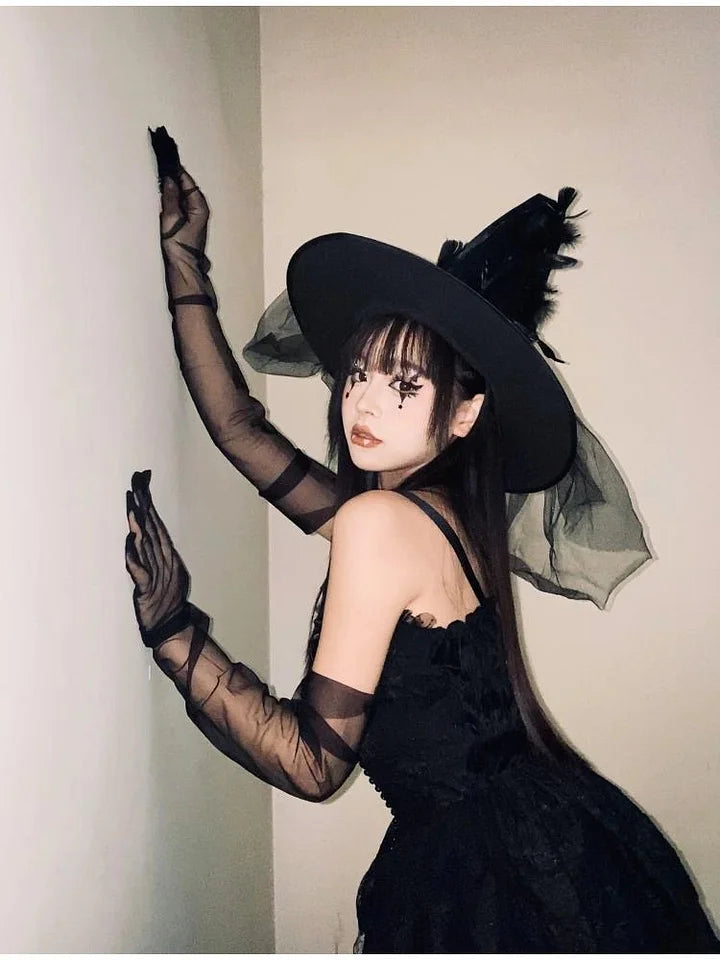 Black Mesh Rose Gothic Witch Pointed Hat Halloween Accessory