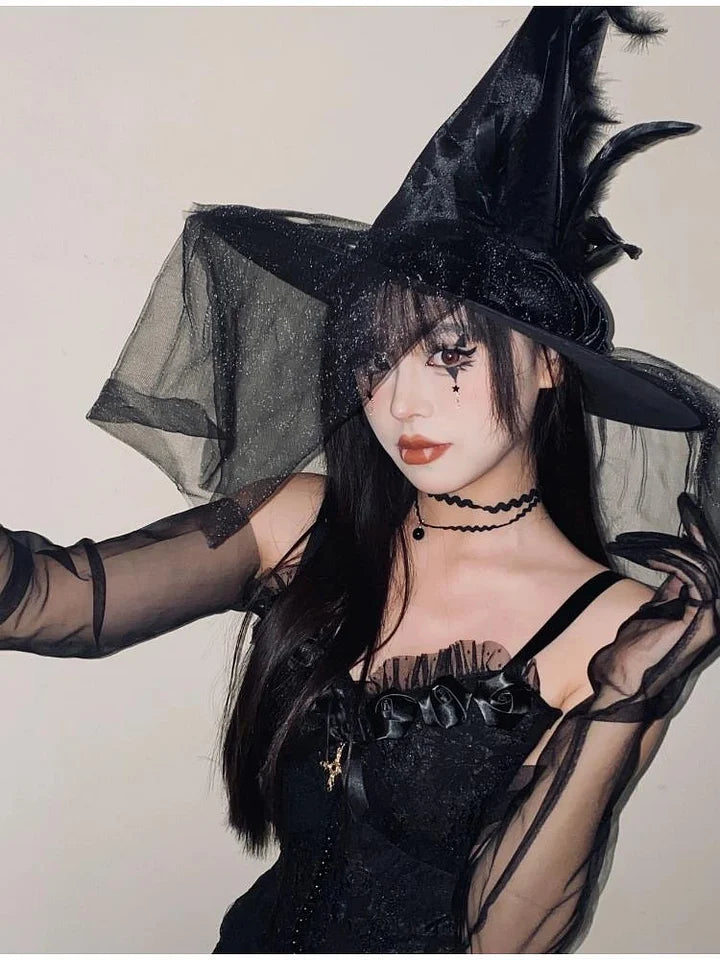 Black Mesh Rose Gothic Witch Pointed Hat Halloween Accessory