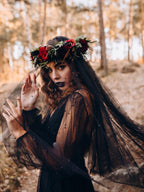 This design redefines traditional bridal elegance with a dark, romantic twist. Featuring lustrous black pearls delicately adorning a sheer veil, it captures a hauntingly beautiful aesthetic. Perfect for vintage photoshoots, it adds a touch of gothic rebellion to bridal portraits. As a Halloween accessory, it embodies the mystical "witch bride" persona, blending drama, mystery, and timeless sophistication.