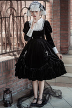 Black Velvet Gothic Style Dress Lolita Halloween Long Sleeve Dress Autumn