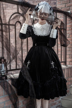 Black Velvet Gothic Style Dress Lolita Halloween Long Sleeve Dress Autumn