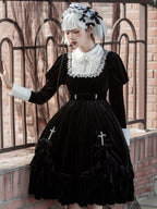 Black Velvet Gothic Style Dress Lolita Halloween Long Sleeve Dress Autumn