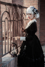 Black Velvet Gothic Style Dress Lolita Halloween Long Sleeve Dress Autumn