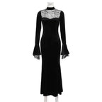 Black Velvet Lolita Gown Witch Long Dress Halloween Costume Spider Web Lace