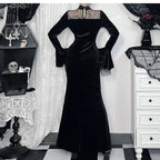Black Velvet Lolita Gown Witch Long Dress Halloween Costume Spider Web Lace