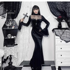 Black Velvet Lolita Gown Witch Long Dress Halloween Costume Spider Web Lace
