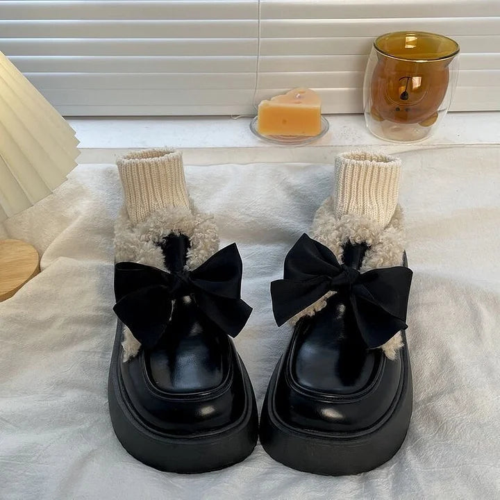 Black Vintage Thick Soled Lolita Shoes Sweet Bow British Style Leather Shoes for Women