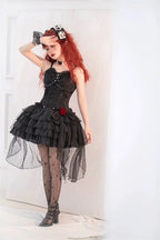 Black and white Gothic Ruffled Slip Dress Rose Lolita Dress