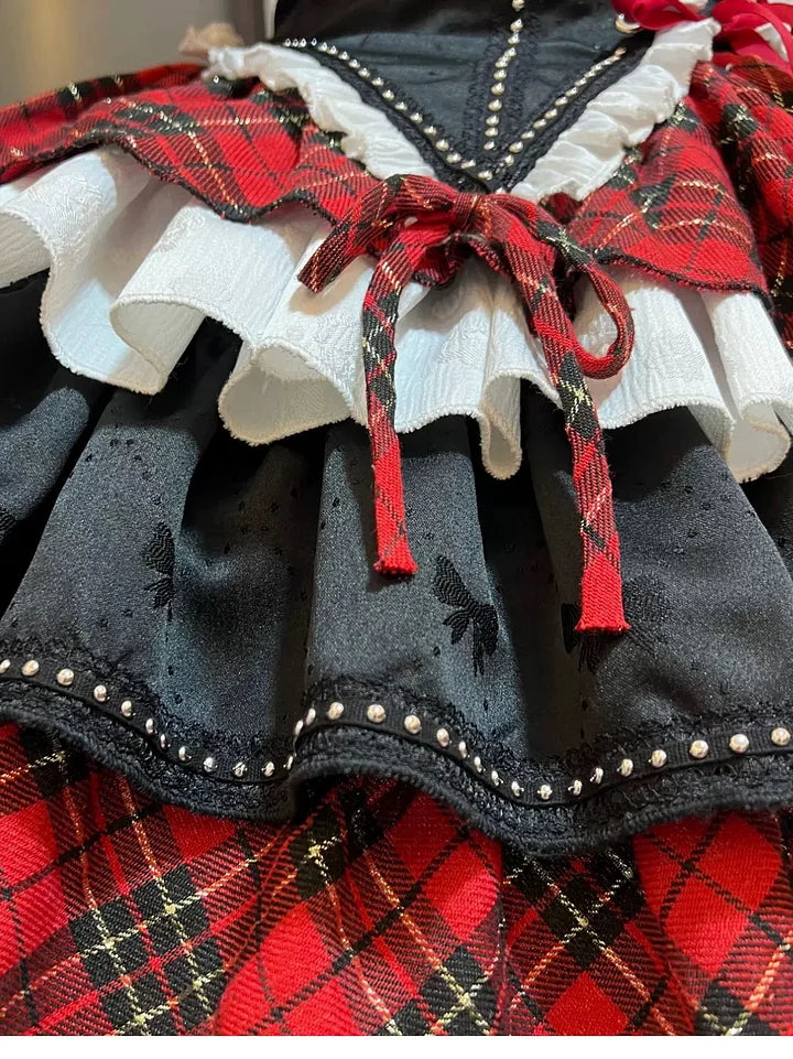 Black-red Rock Style Subculture Lolita Outfit Idol Costume Pleated Skirt Punk Dress Hot Girl
