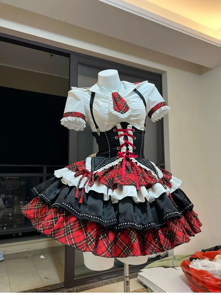 Black-red Rock Style Subculture Lolita Outfit Idol Costume Pleated Skirt Punk Dress Hot Girl