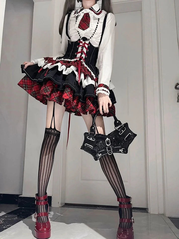 Black-red Rock Style Subculture Lolita Outfit Idol Costume Pleated Skirt Punk Dress Hot Girl
