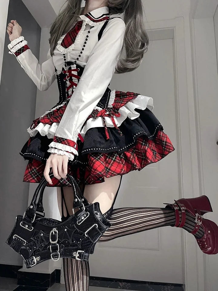 Black-red Rock Style Subculture Lolita Outfit Idol Costume Pleated Skirt Punk Dress Hot Girl