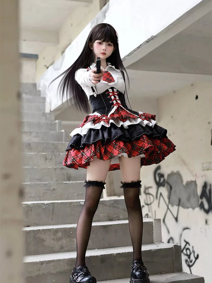 Black-red Rock Style Subculture Lolita Outfit Idol Costume Pleated Skirt Punk Dress Hot Girl