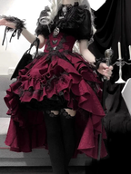 Goth Lolita Outfit Black Shirt Red Ruffles Skirt Lace Short-sleeves Prom Dress for Halloween