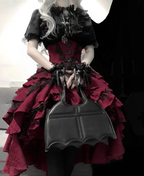 Goth Lolita Outfit Black Shirt Red Ruffles Skirt Lace Short-sleeves Prom Dress for Halloween