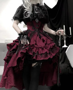 Goth Lolita Outfit Black Shirt Red Ruffles Skirt Lace Short-sleeves Prom Dress for Halloween