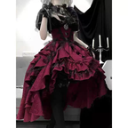 Goth Lolita Outfit Black Shirt Red Ruffles Skirt Lace Short-sleeves Prom Dress for Halloween