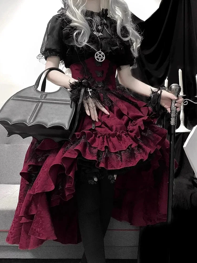 Goth Lolita Outfit Black Shirt Red Ruffles Skirt Lace Short-sleeves Prom Dress for Halloween