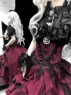 Goth Lolita Outfit Black Shirt Red Ruffles Skirt Lace Short-sleeves Prom Dress for Halloween