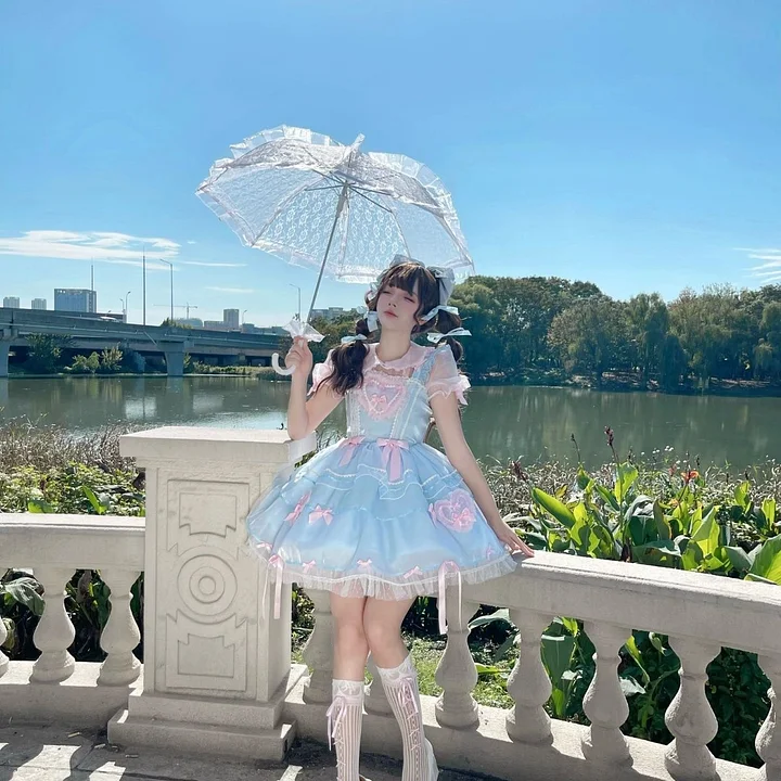 Sweet Lolita Flower Blue Pink Two-piece Sleeveless OP Princess Skirt Tutu Lolita Dresses