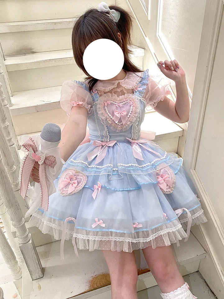 Sweet Lolita Flower Blue Pink Two-piece Sleeveless OP Princess Skirt Tutu Lolita Dresses