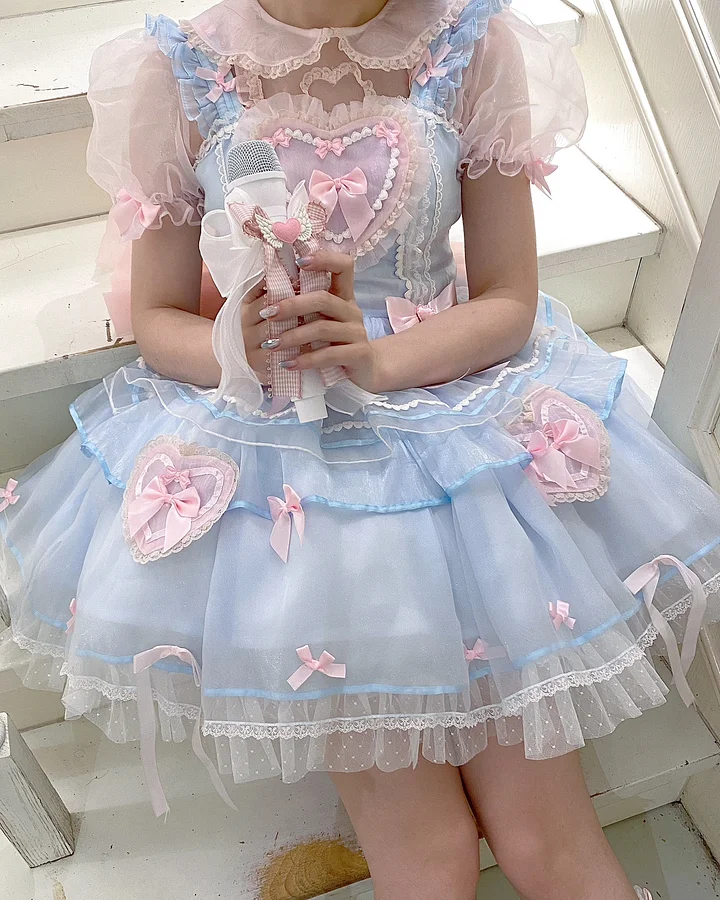 Sweet Lolita Flower Blue Pink Two-piece Sleeveless OP Princess Skirt Tutu Lolita Dresses