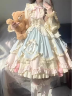 Blue Pink Cute Sweet Lolita Long Sleeve Temperament Dress OP Fluffy Princess Dress Women