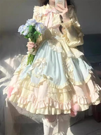 Blue Pink Cute Sweet Lolita Long Sleeve Temperament Dress OP Fluffy Princess Dress Women