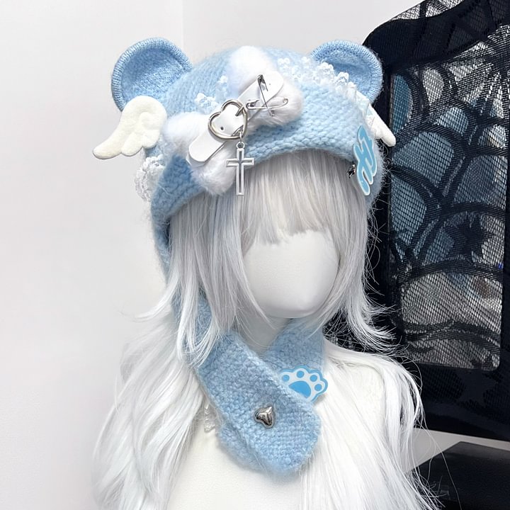 Lolita Hair Accessories Blue Sweet Cute Bear Earcap Subculture Wool Hat Headwear and Accessories