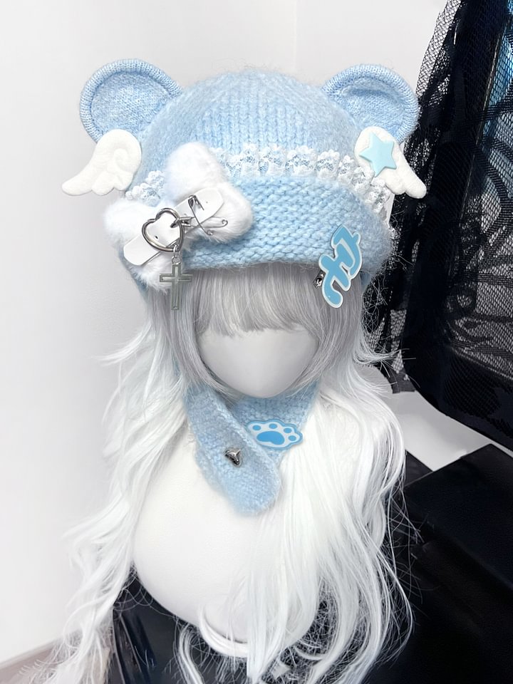 Lolita Hair Accessories Blue Sweet Cute Bear Earcap Subculture Wool Hat Headwear and Accessories