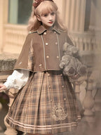 British Classic Lolita Vintage Dress Detective Suit Woolen Cape Plaid Dress in Autumn Preppy Look