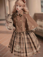 British Classic Lolita Vintage Dress Detective Suit Woolen Cape Plaid Dress in Autumn Preppy Look